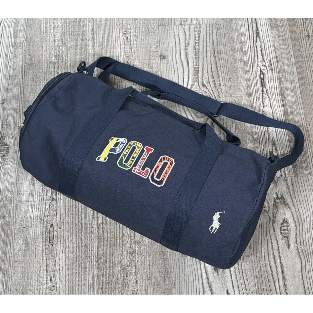 Polo Ralph Lauren Duffle Bag Navy Blue Spell Out Logo Gym Travel Shoulder Bag